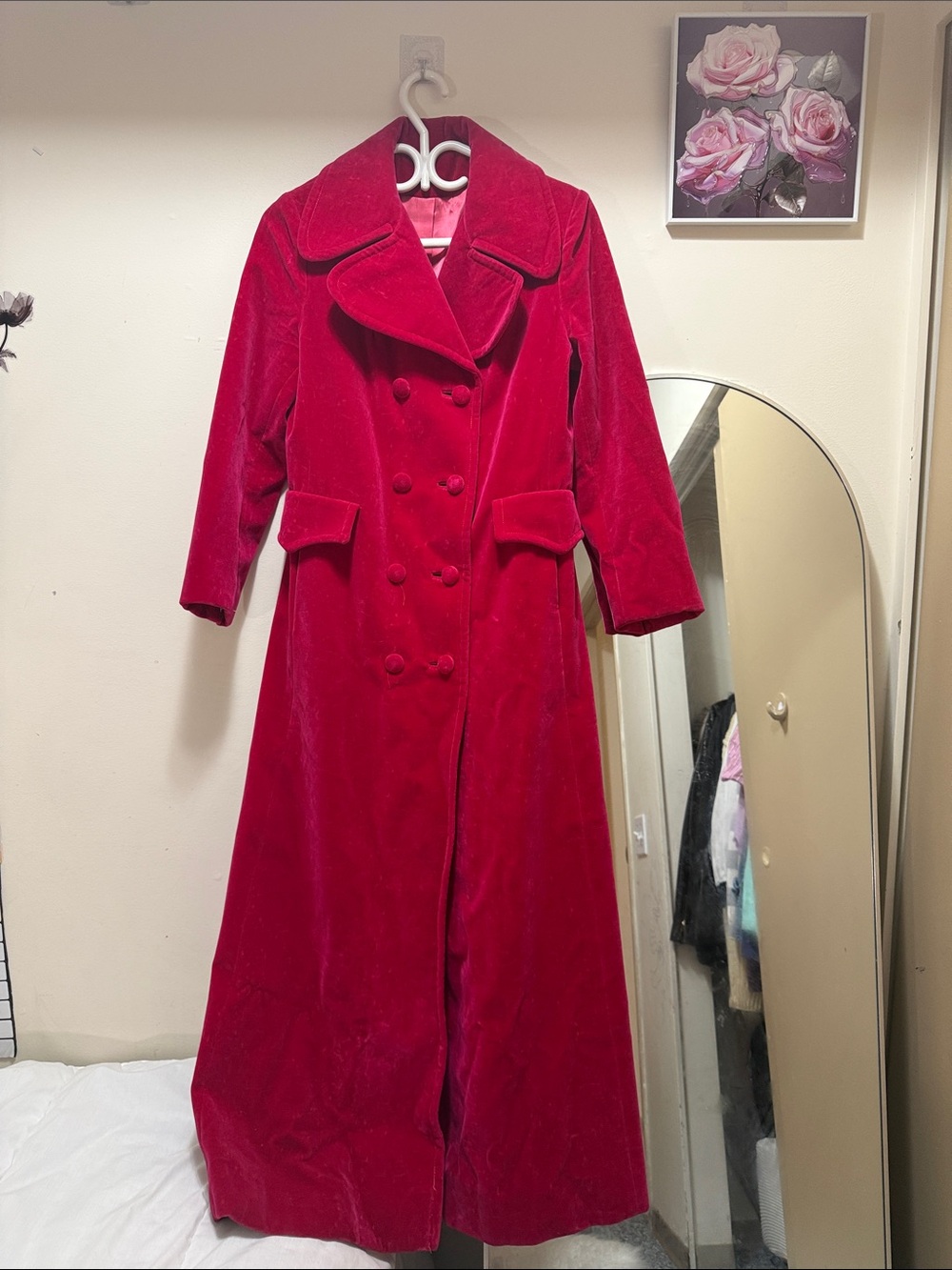 Long Red Velvet Double-Breasted Trench Coat